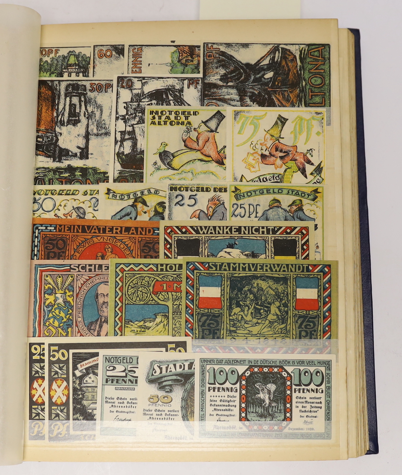 A large collection of German States and City banknotes, 1914-24, and Reichsbank notes from 1904-1948, the majority in near mint condition and a German East Africa one rupee banknote 1 November 1915, in two albums